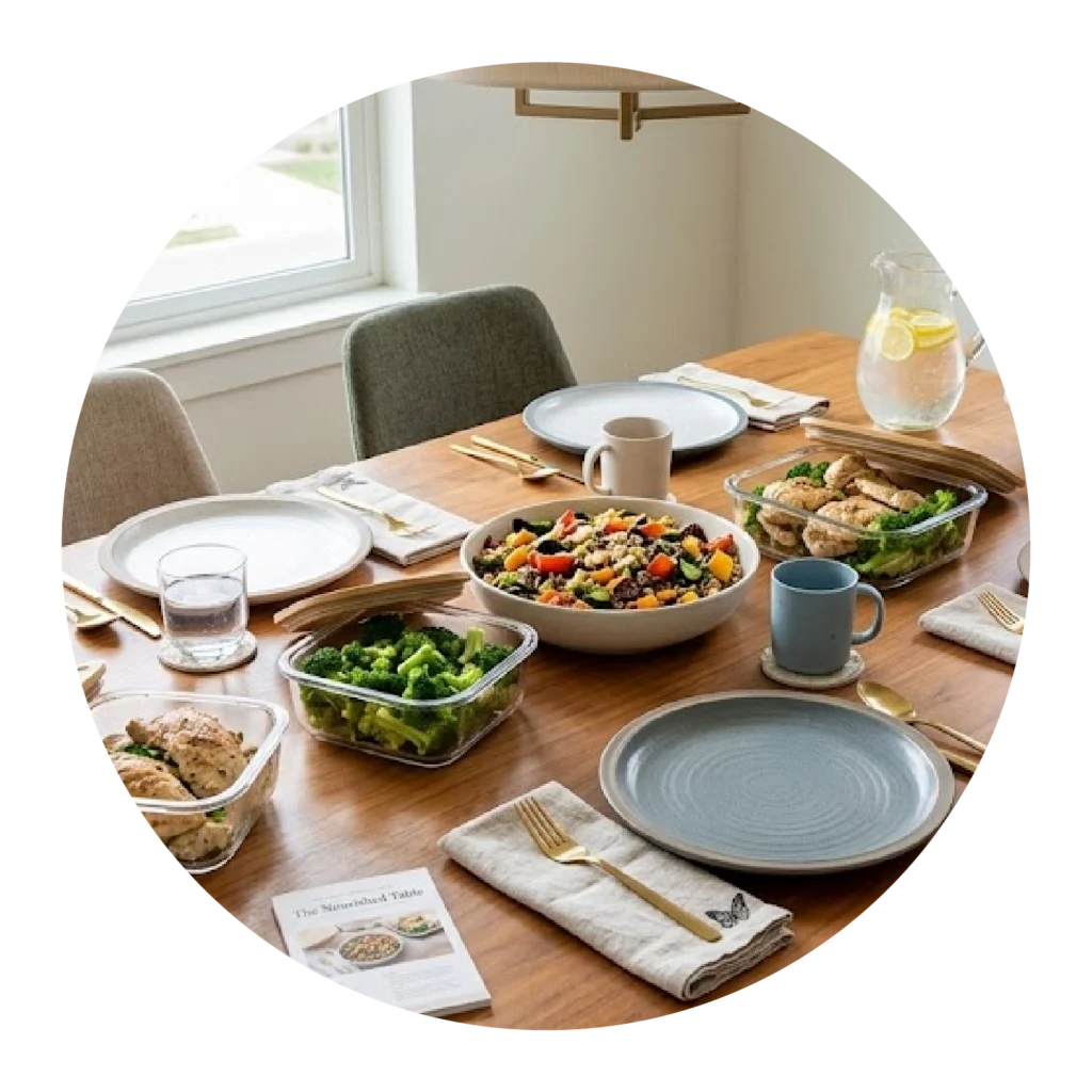 Healthy meal prep ideas featuring fresh vegetables, protein, and family-style prepared meals.
