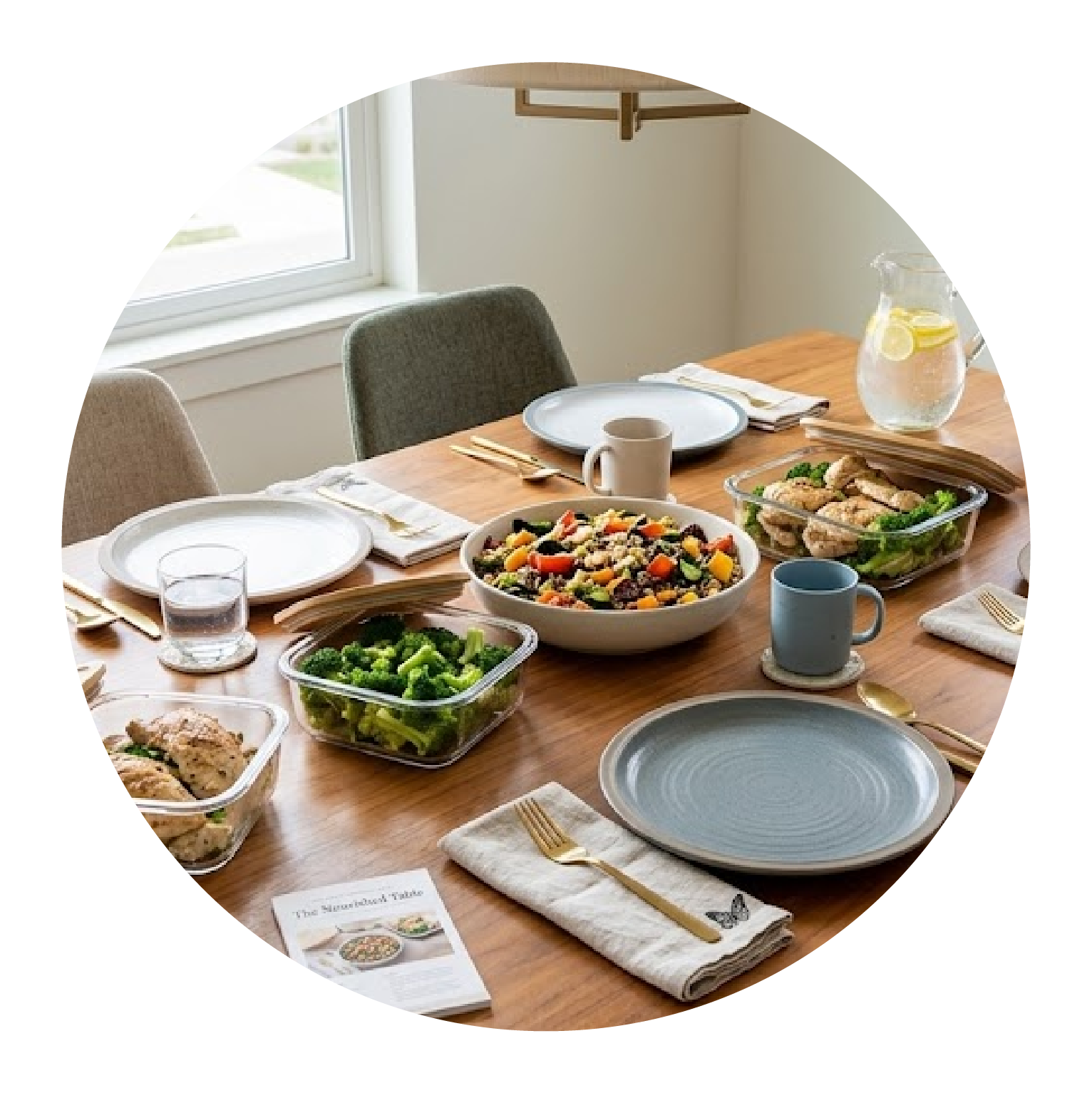 Healthy meal prep ideas featuring fresh vegetables, protein, and family-style prepared meals.