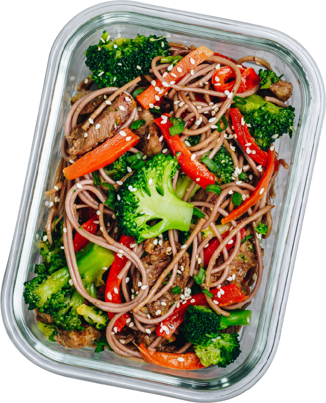 Healthy noodle and vegetable meal prepared after hiring a personal chef in Denver.